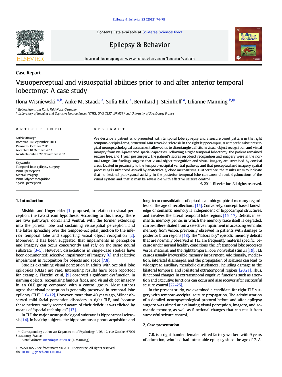 Case ReportVisuoperceptual and visuospatial abilities prior to and after anterior temporal lobectomy: A case study