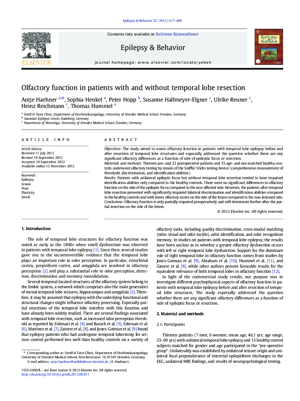 Olfactory function in patients with and without temporal lobe resection