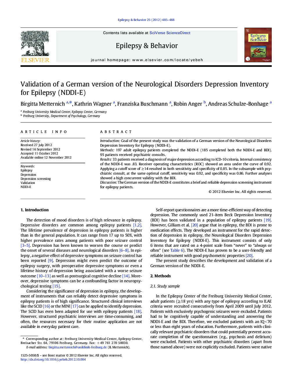 Validation of a German version of the Neurological Disorders Depression Inventory for Epilepsy (NDDI-E)