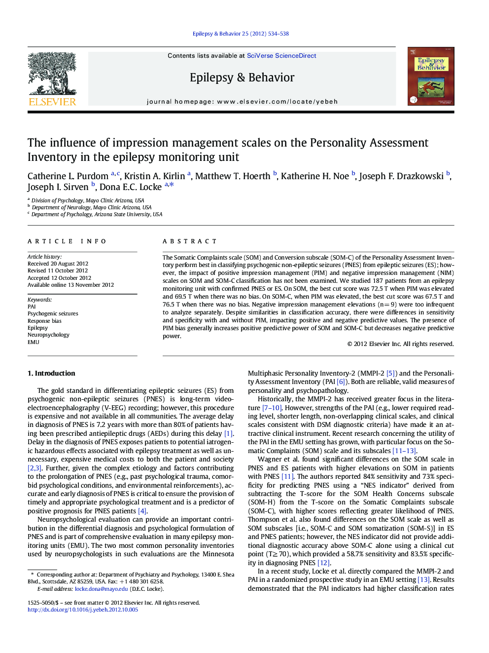 The influence of impression management scales on the Personality Assessment Inventory in the epilepsy monitoring unit