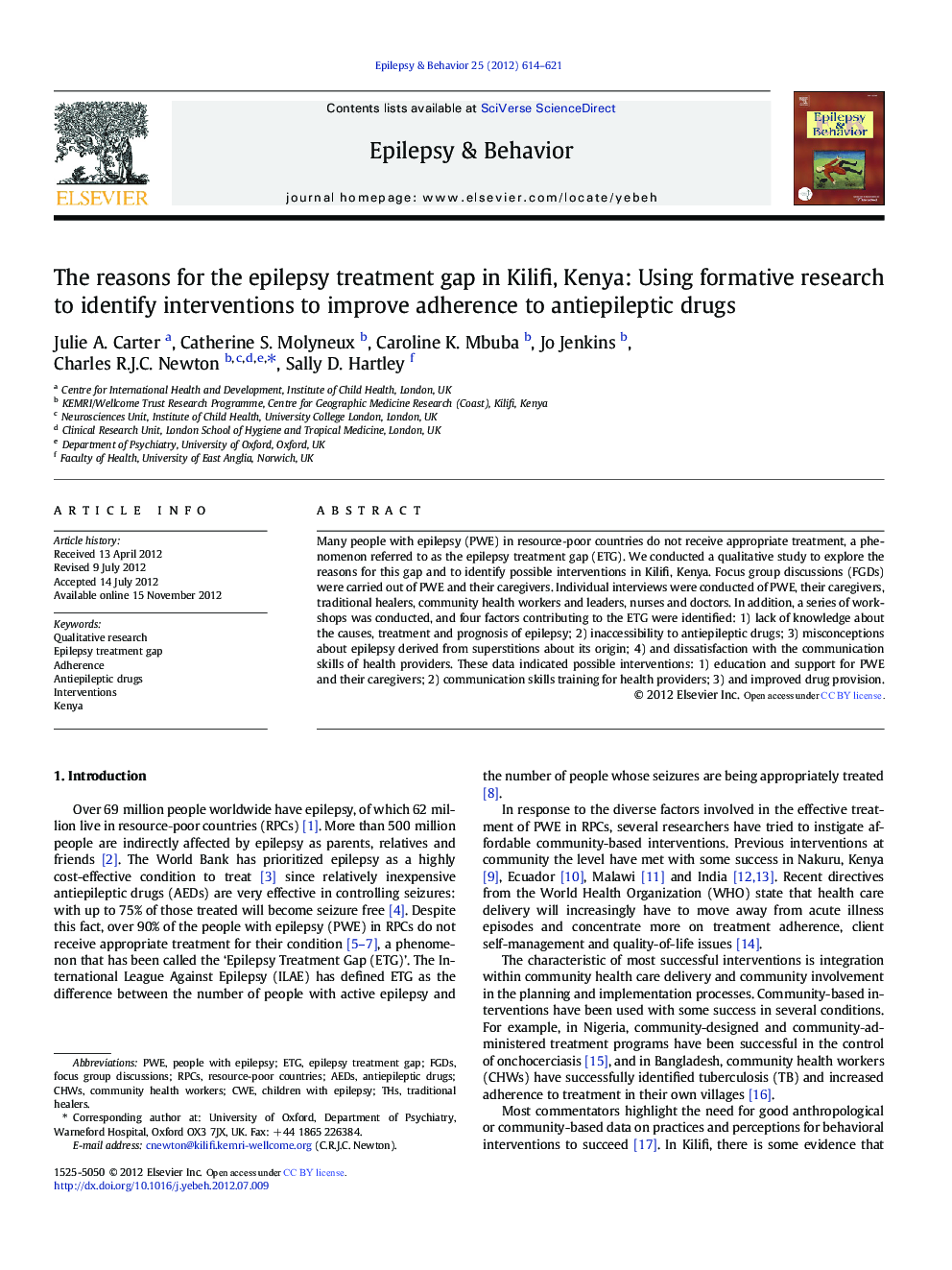 The reasons for the epilepsy treatment gap in Kilifi, Kenya: Using formative research to identify interventions to improve adherence to antiepileptic drugs