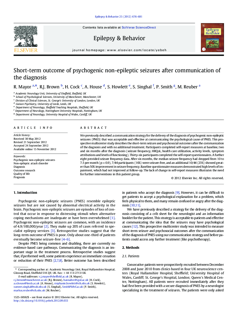 Short-term outcome of psychogenic non-epileptic seizures after communication of the diagnosis