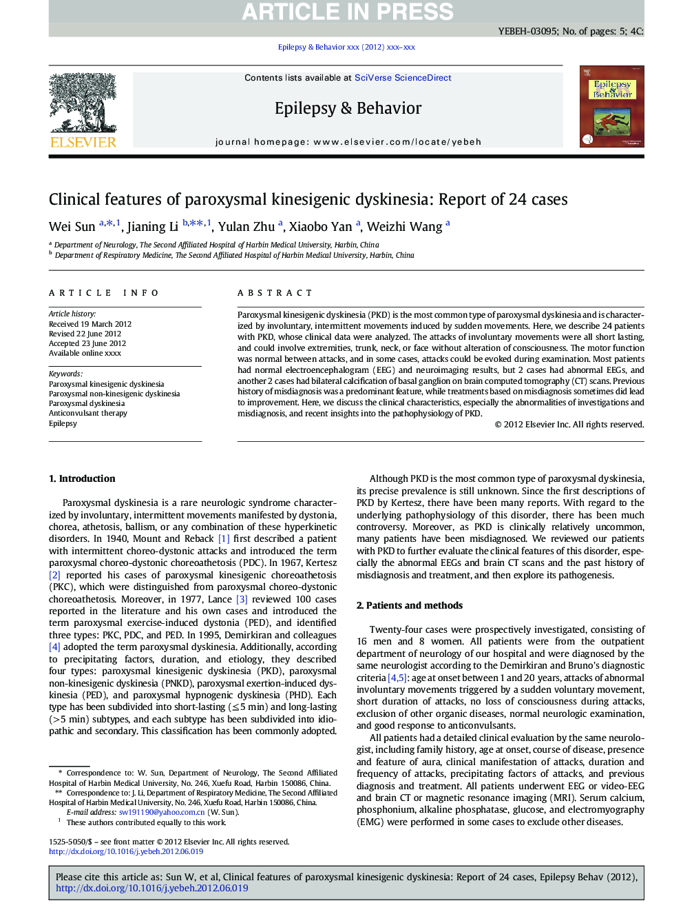 Clinical features of paroxysmal kinesigenic dyskinesia: Report of 24 cases