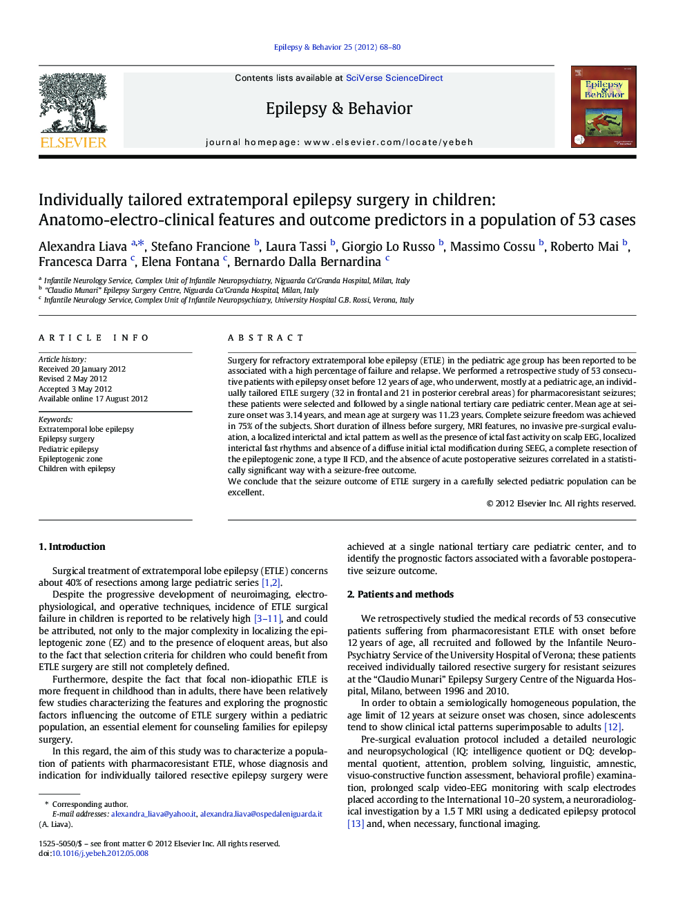 Individually tailored extratemporal epilepsy surgery in children: Anatomo-electro-clinical features and outcome predictors in a population of 53 cases