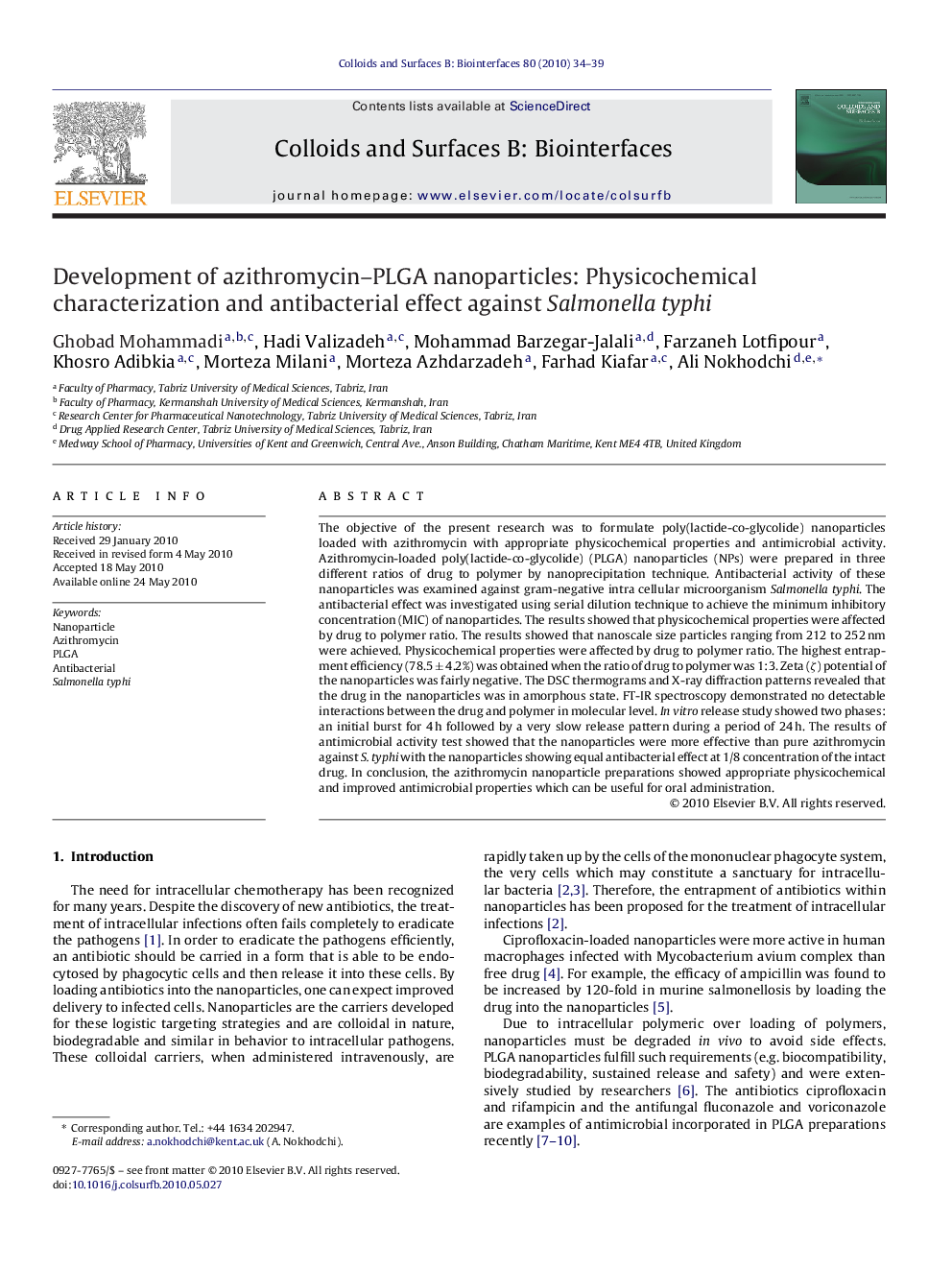 Development of azithromycin–PLGA nanoparticles: Physicochemical characterization and antibacterial effect against Salmonella typhi