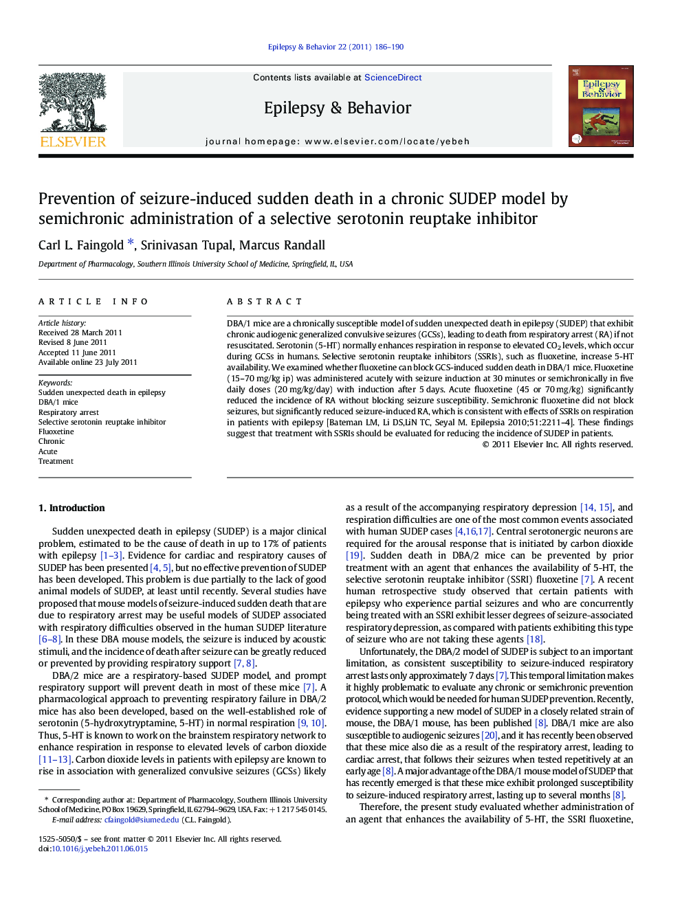 Prevention of seizure-induced sudden death in a chronic SUDEP model by semichronic administration of a selective serotonin reuptake inhibitor