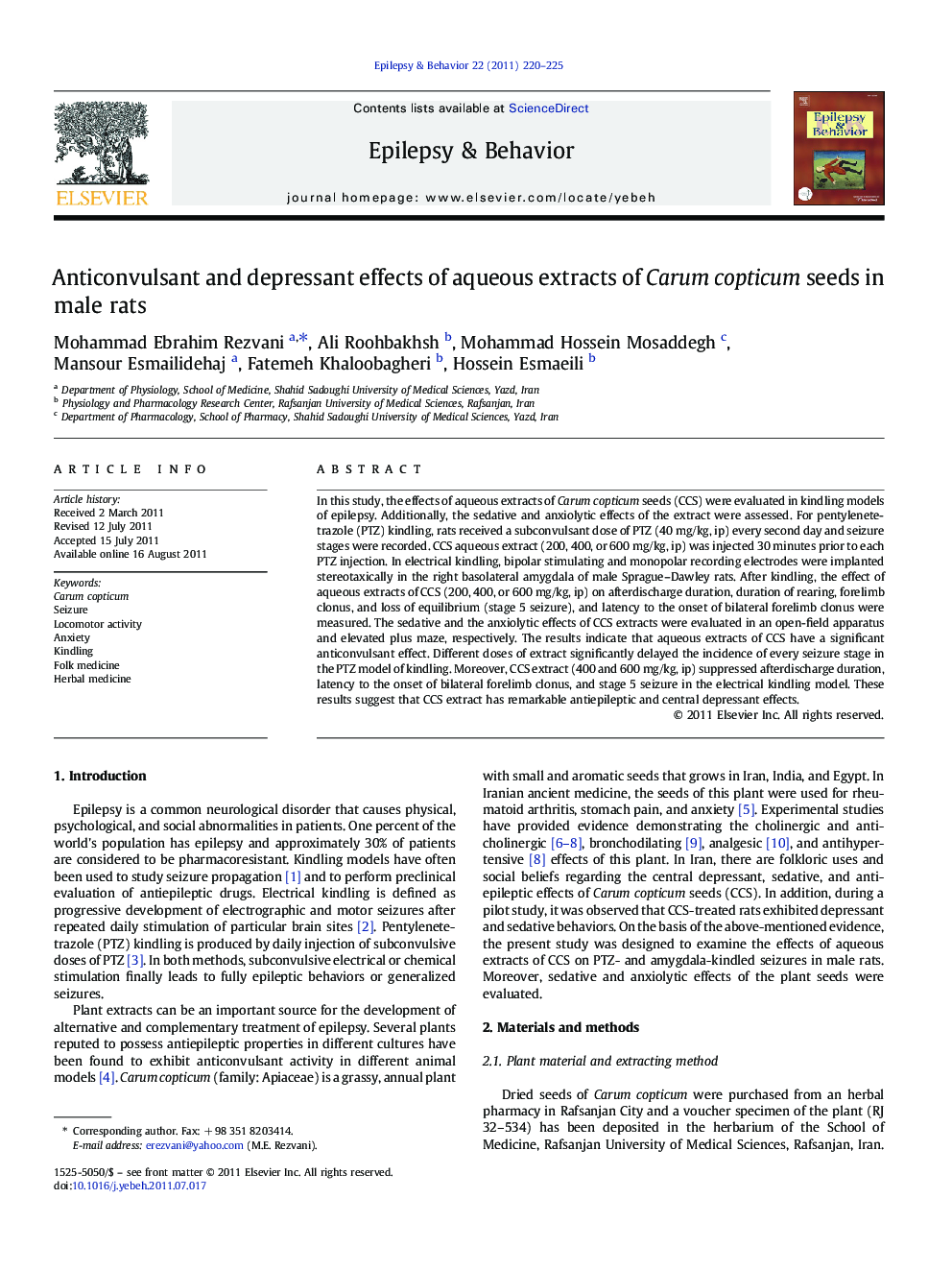 Anticonvulsant and depressant effects of aqueous extracts of Carum copticum seeds in male rats