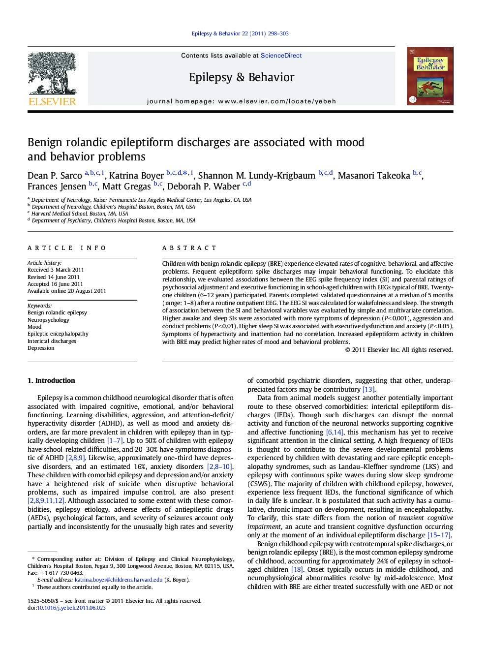 Benign rolandic epileptiform discharges are associated with mood and behavior problems