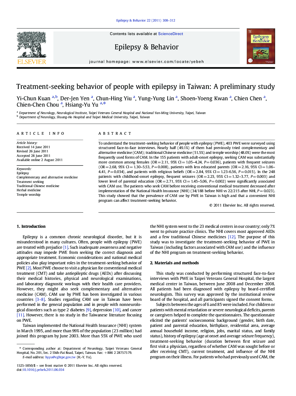 Treatment-seeking behavior of people with epilepsy in Taiwan: A preliminary study