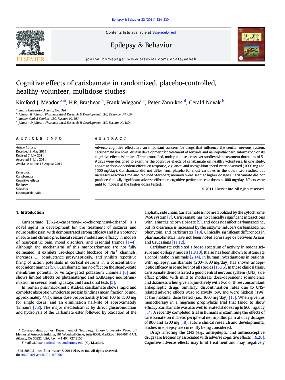 Cognitive effects of carisbamate in randomized, placebo-controlled, healthy-volunteer, multidose studies