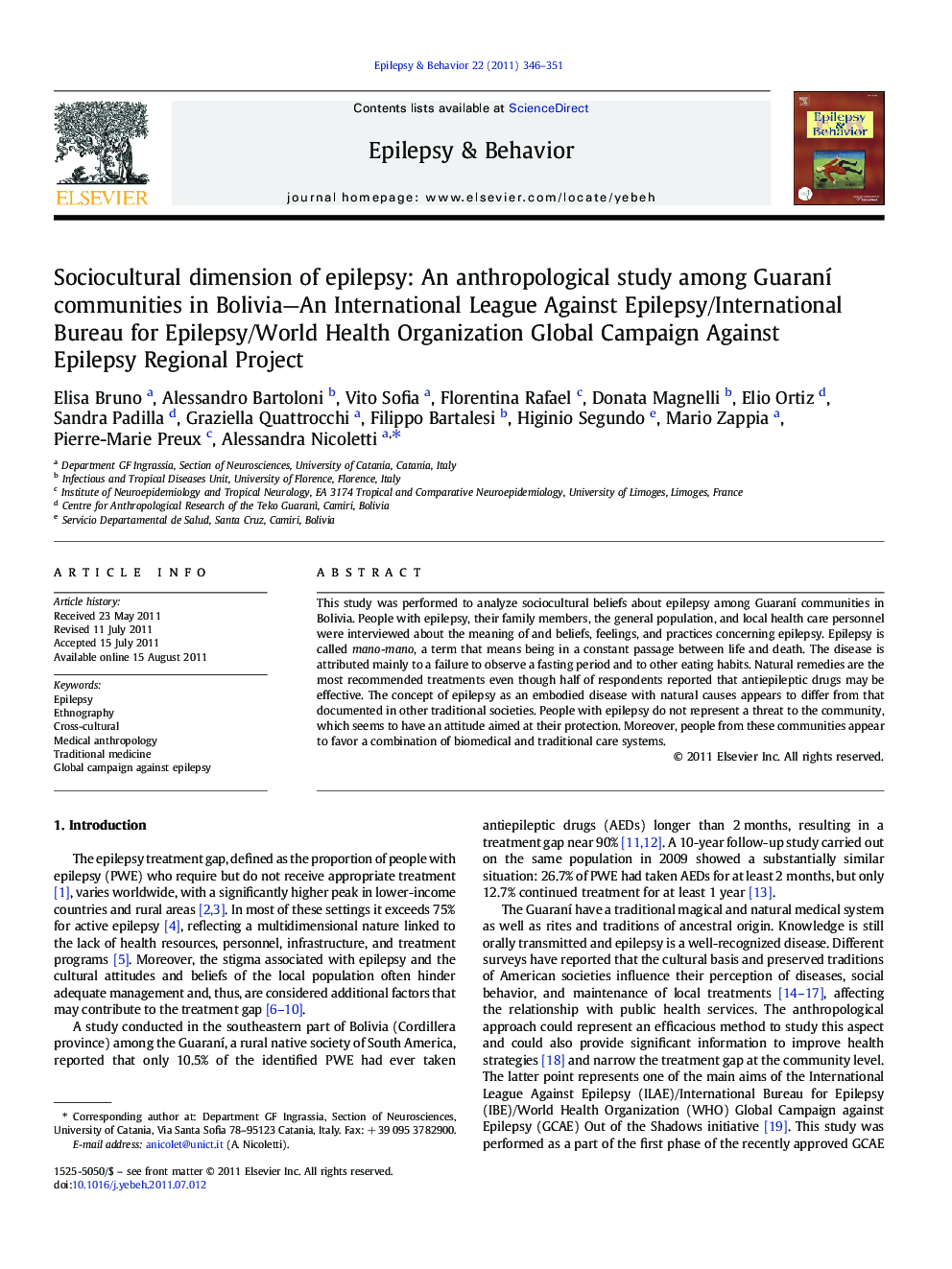 Sociocultural dimension of epilepsy: An anthropological study among GuaranÃ­ communities in Bolivia-An International League Against Epilepsy/International Bureau for Epilepsy/World Health Organization Global Campaign Against Epilepsy Regional Project