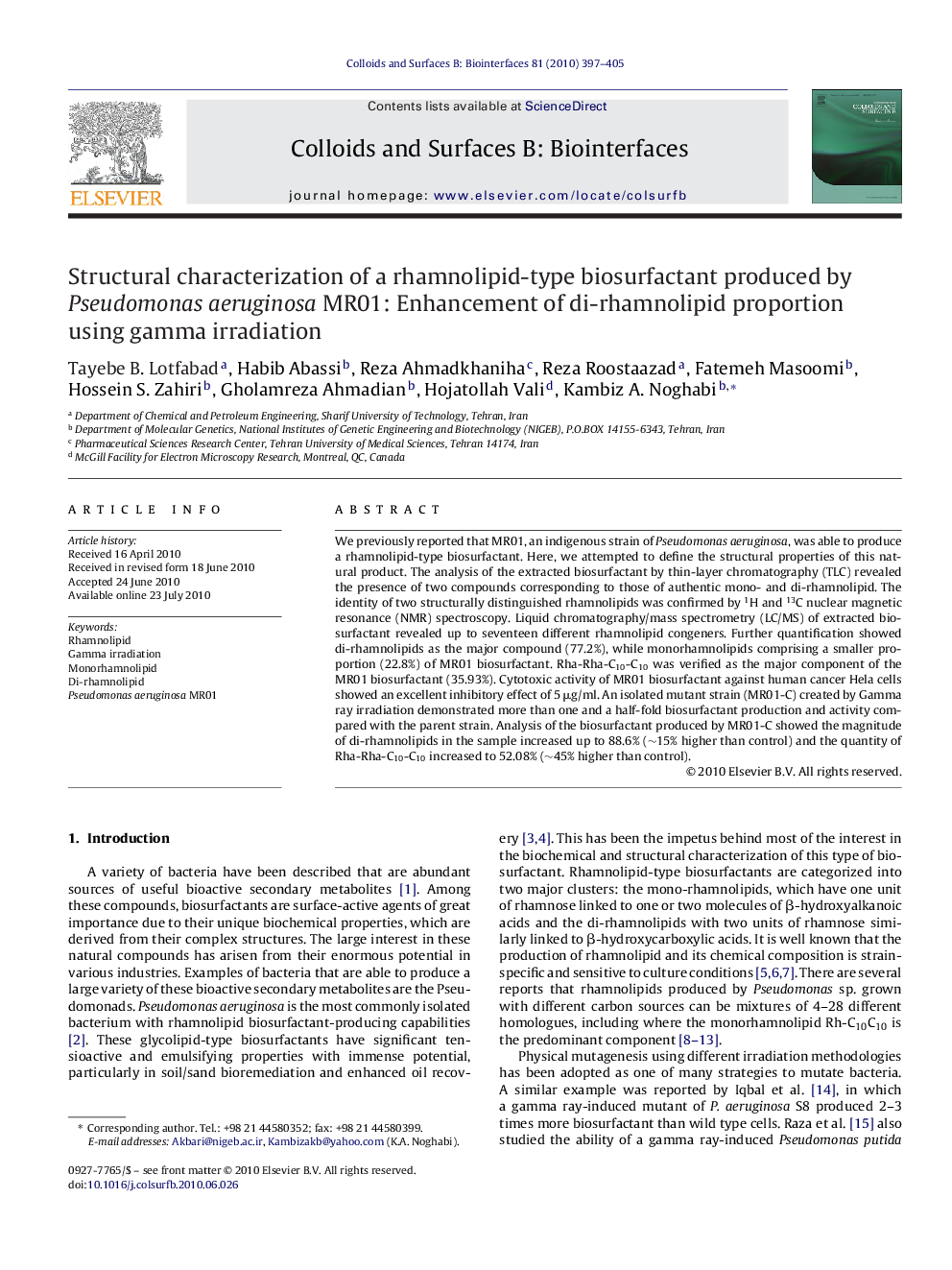 Structural characterization of a rhamnolipid-type biosurfactant produced by Pseudomonas aeruginosa MR01: Enhancement of di-rhamnolipid proportion using gamma irradiation