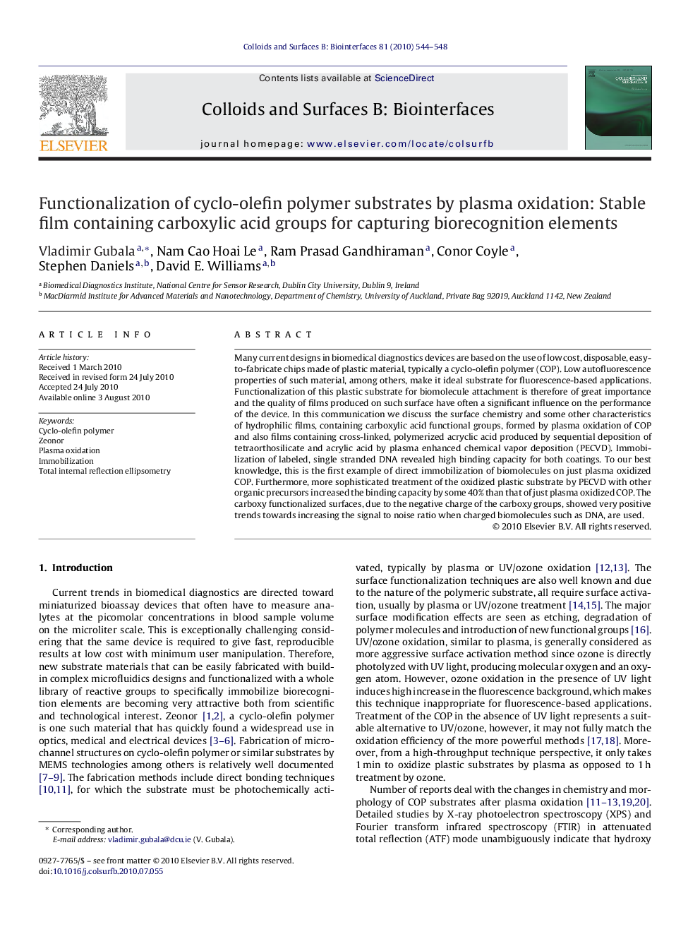 Functionalization of cyclo-olefin polymer substrates by plasma oxidation: Stable film containing carboxylic acid groups for capturing biorecognition elements