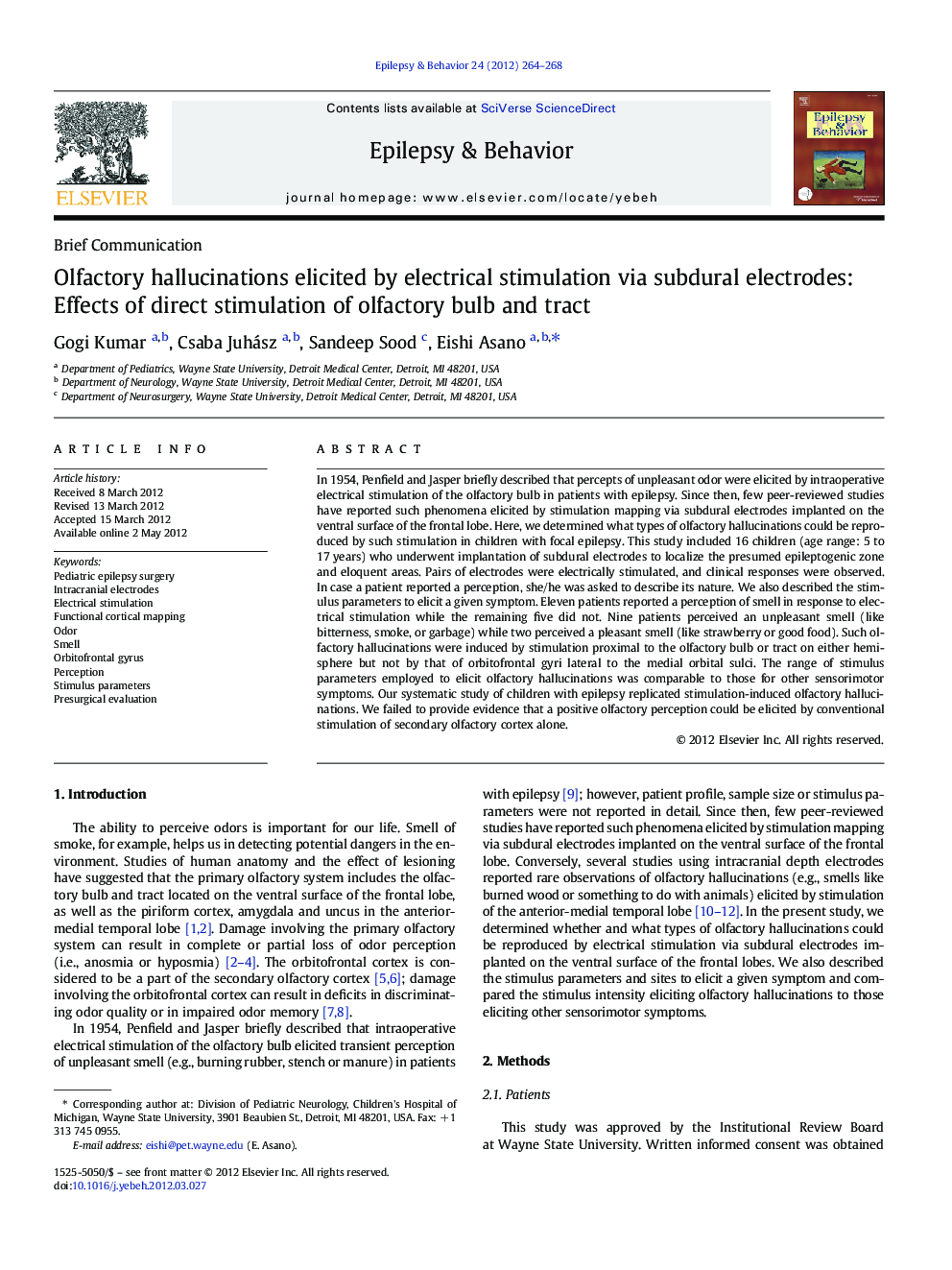 Olfactory hallucinations elicited by electrical stimulation via subdural electrodes: Effects of direct stimulation of olfactory bulb and tract