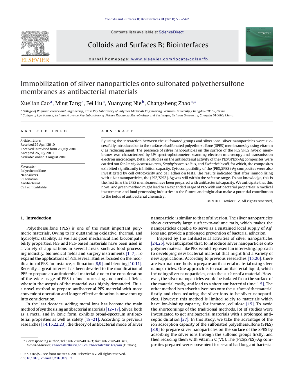 Immobilization of silver nanoparticles onto sulfonated polyethersulfone membranes as antibacterial materials