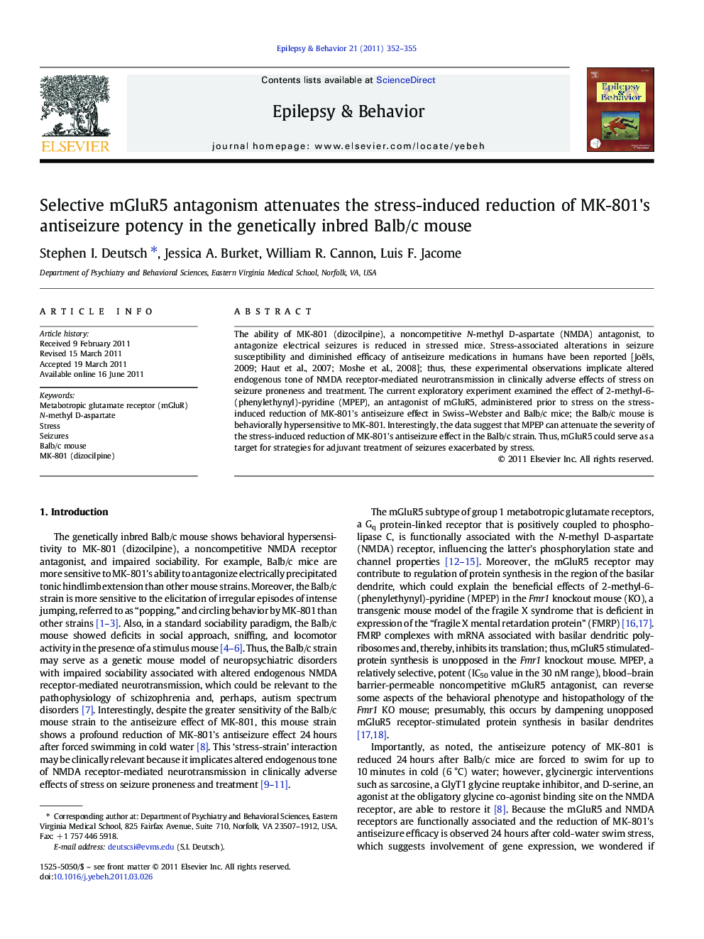 Selective mGluR5 antagonism attenuates the stress-induced reduction of MK-801's antiseizure potency in the genetically inbred Balb/c mouse