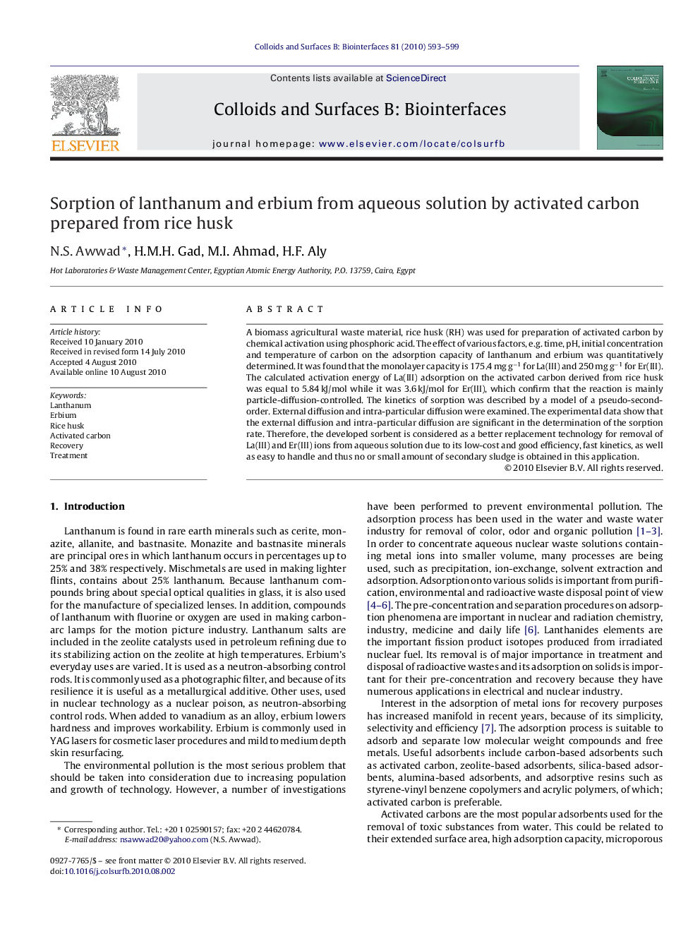 Sorption of lanthanum and erbium from aqueous solution by activated carbon prepared from rice husk