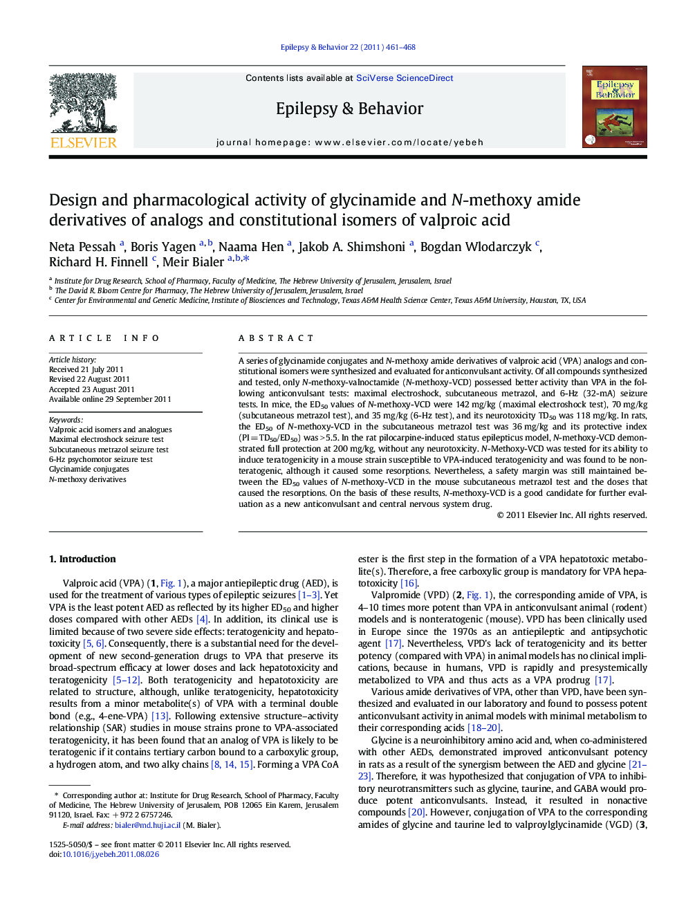 عکس صفحه اول مقاله: Design and pharmacological activity of glycinamide and N-methoxy amide derivatives of analogs and constitutional isomers of valproic acid Design and pharmacological activity of glycinamide and N-methoxy amide derivatives of analogs and constitutional isomers of valproic acid