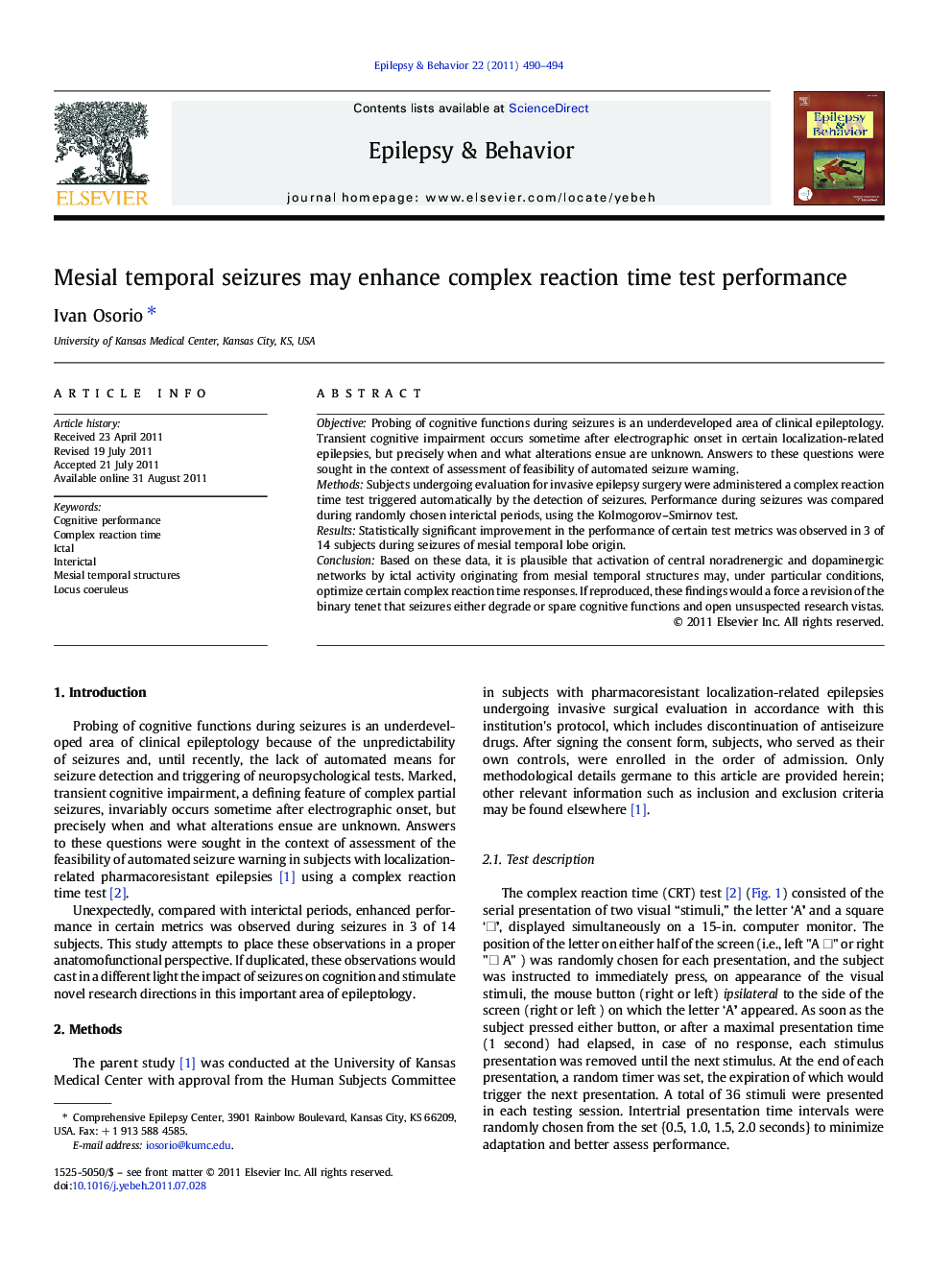 Mesial temporal seizures may enhance complex reaction time test performance