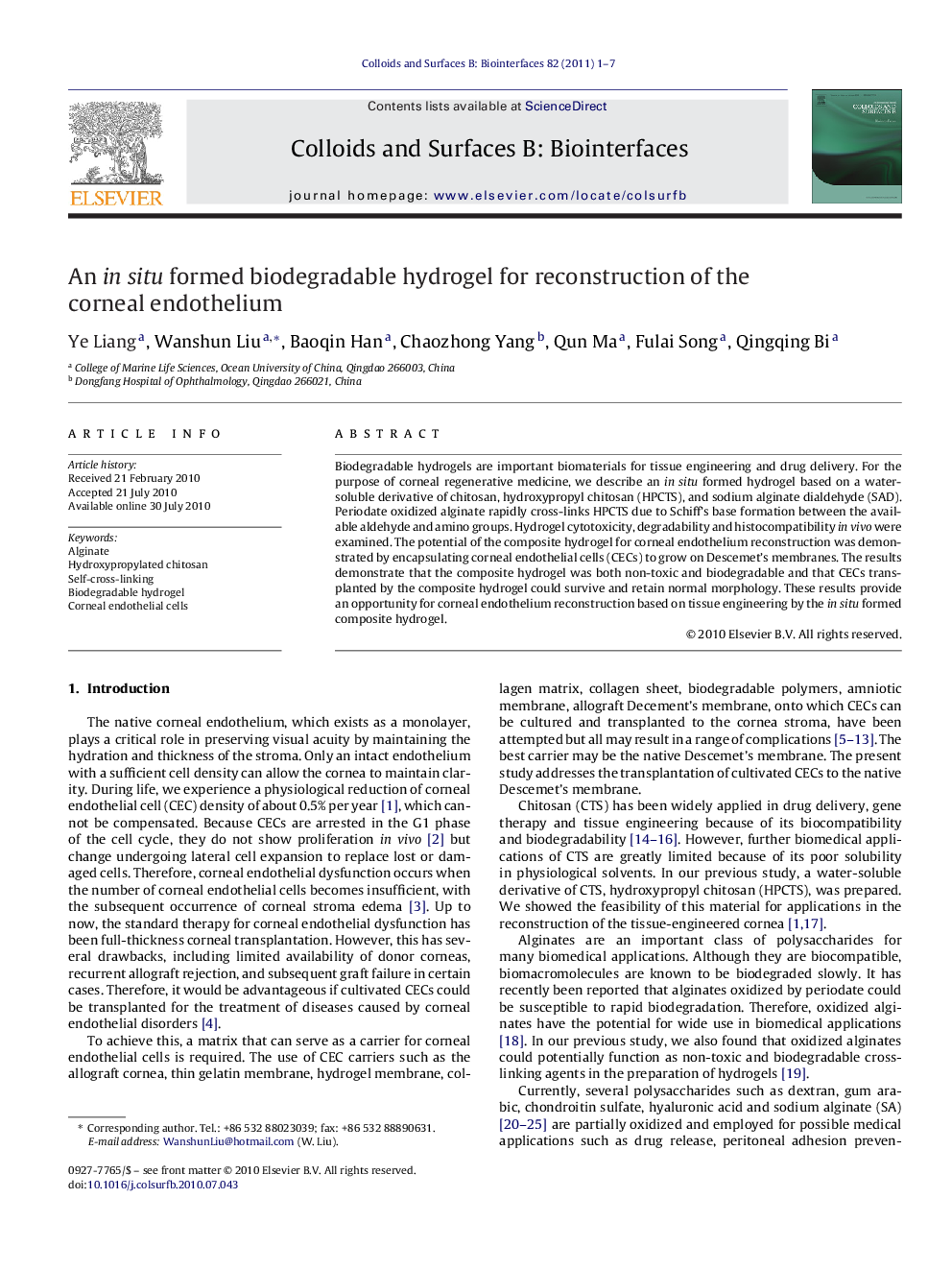 An in situ formed biodegradable hydrogel for reconstruction of the corneal endothelium