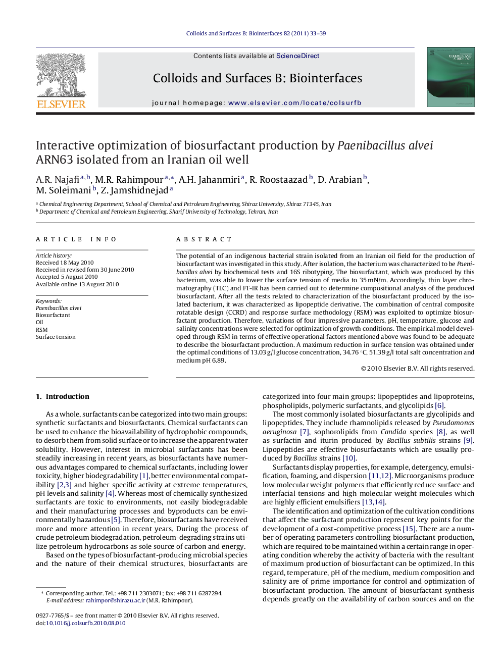 Interactive optimization of biosurfactant production by Paenibacillus alvei ARN63 isolated from an Iranian oil well