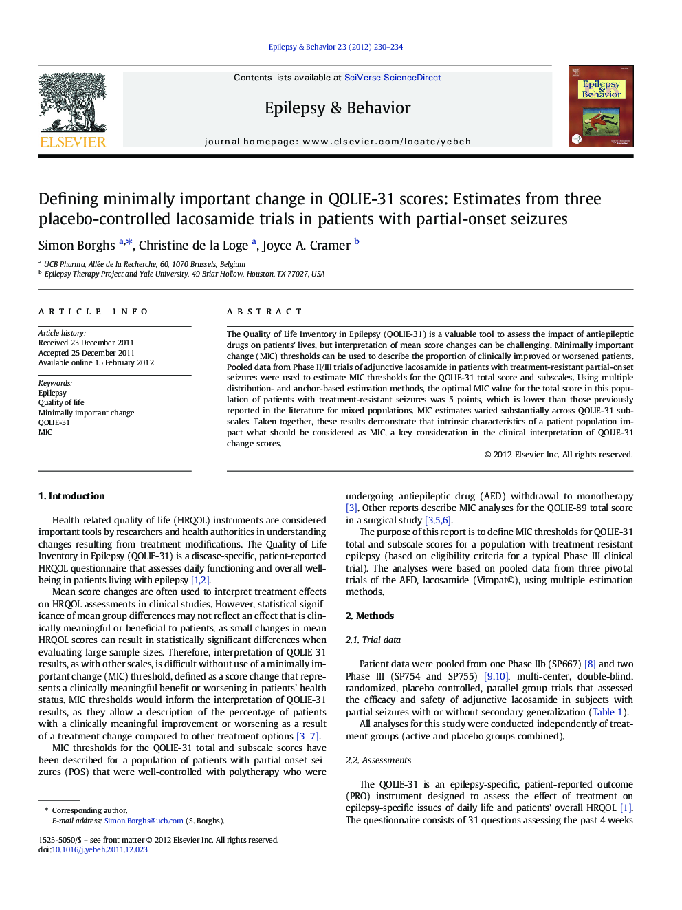 Defining minimally important change in QOLIE-31 scores: Estimates from three placebo-controlled lacosamide trials in patients with partial-onset seizures