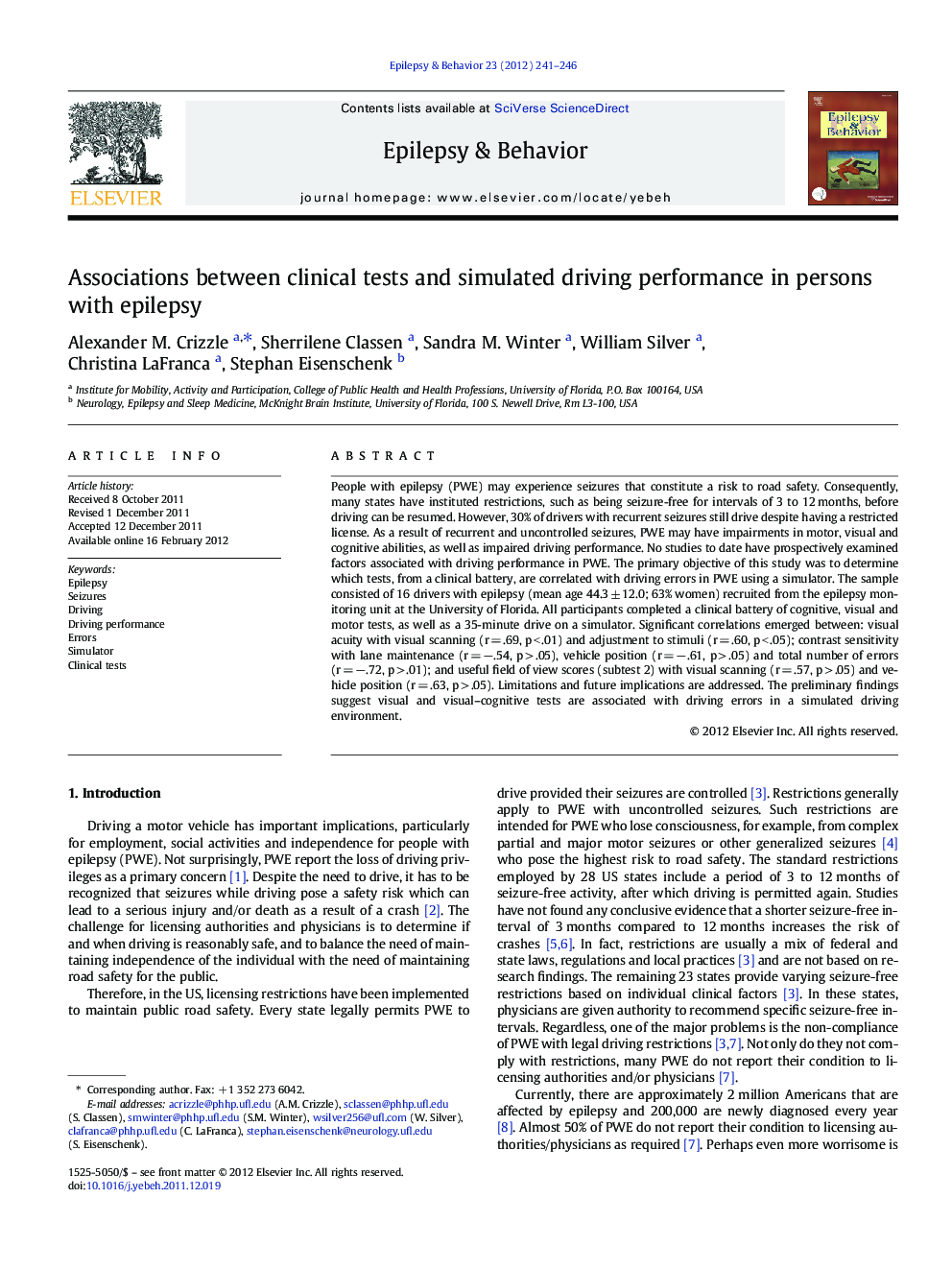 Associations between clinical tests and simulated driving performance in persons with epilepsy