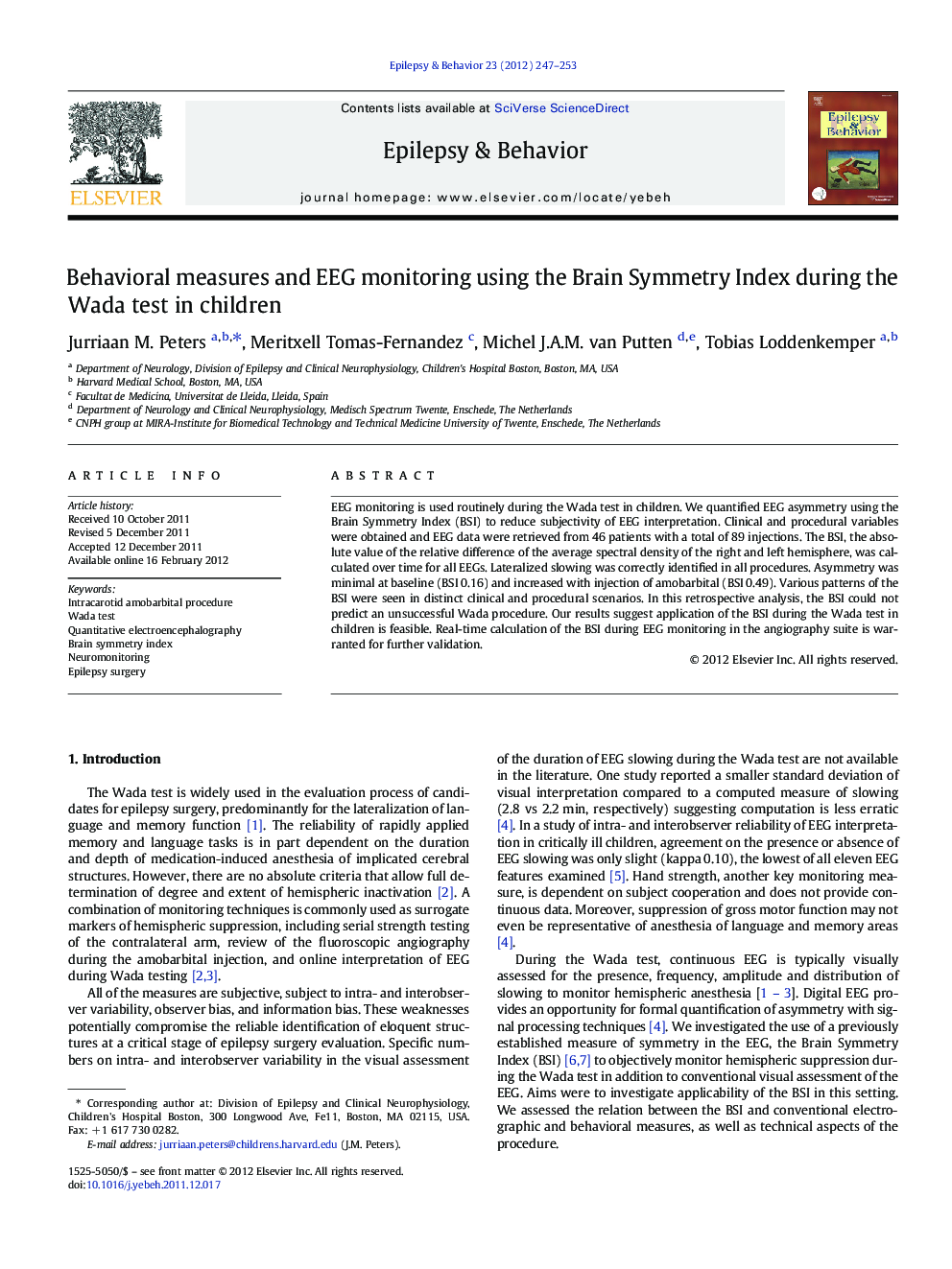 Behavioral measures and EEG monitoring using the Brain Symmetry Index during the Wada test in children