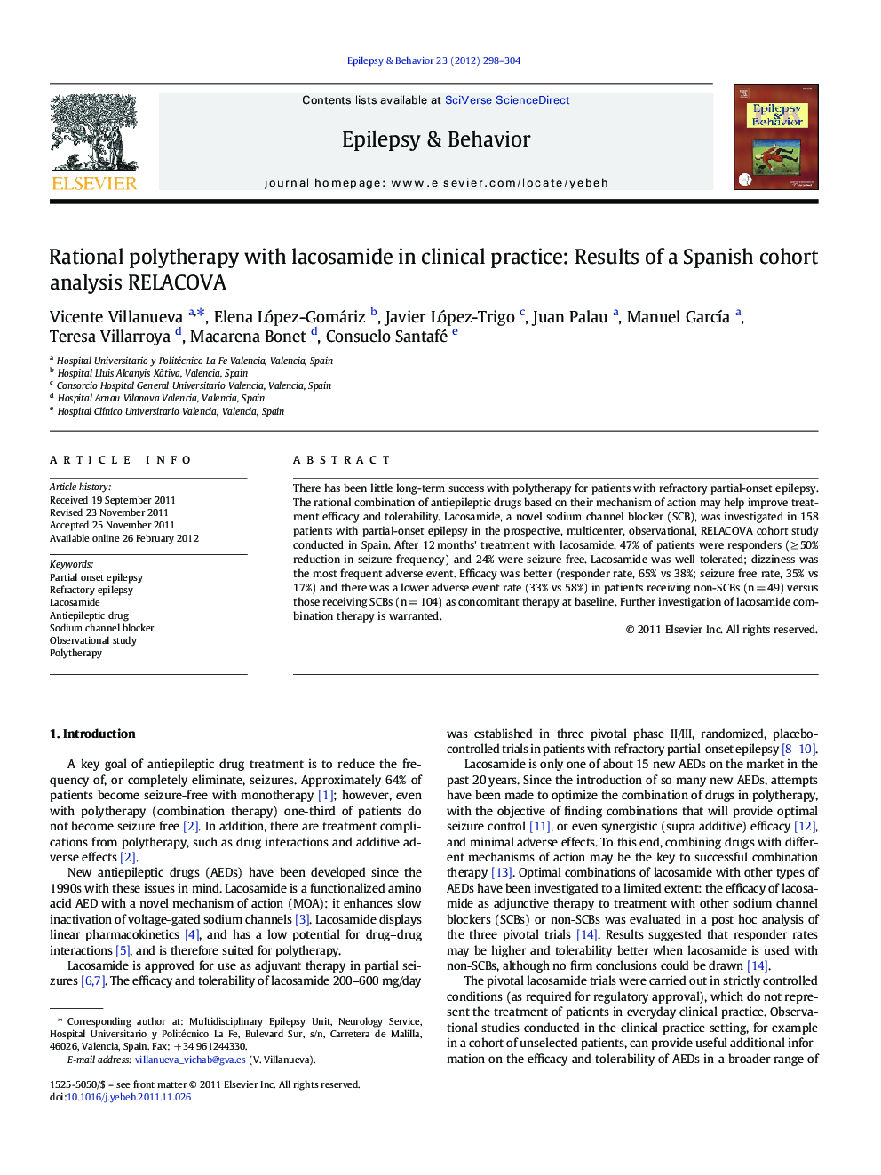 Rational polytherapy with lacosamide in clinical practice: Results of a Spanish cohort analysis RELACOVA