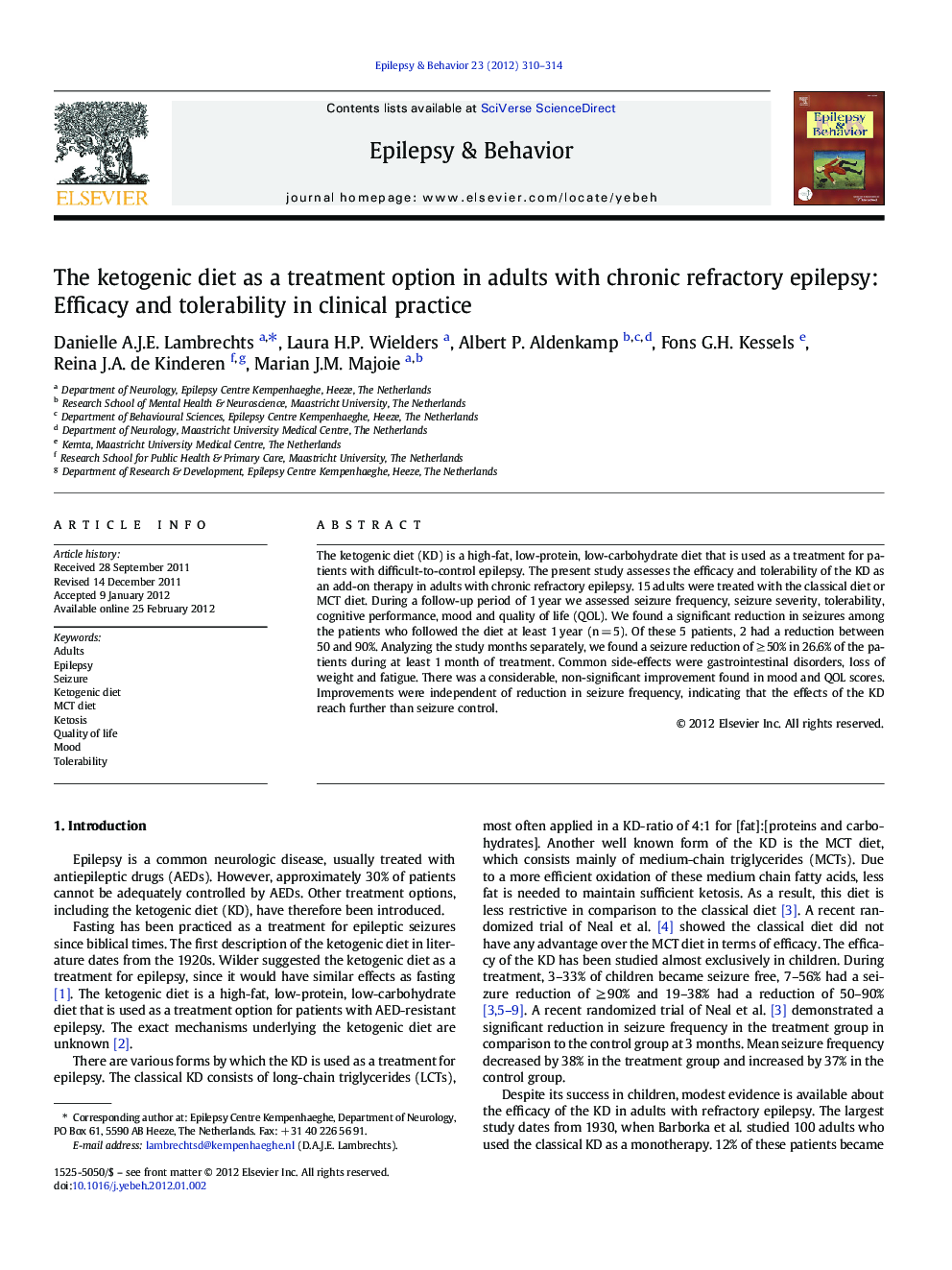 The ketogenic diet as a treatment option in adults with chronic refractory epilepsy: Efficacy and tolerability in clinical practice