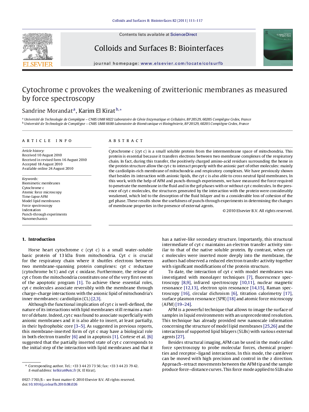 Cytochrome c provokes the weakening of zwitterionic membranes as measured by force spectroscopy