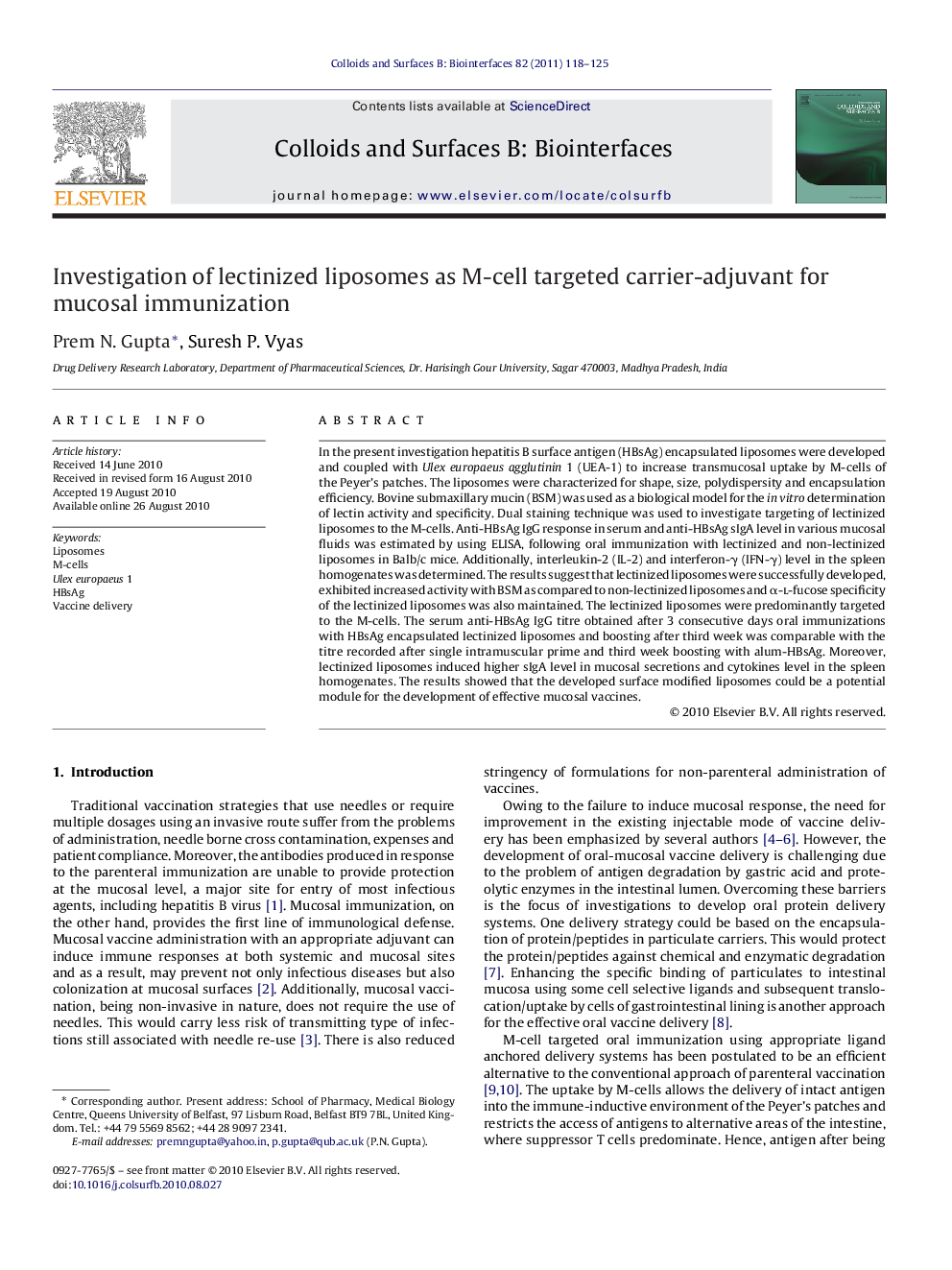 Investigation of lectinized liposomes as M-cell targeted carrier-adjuvant for mucosal immunization