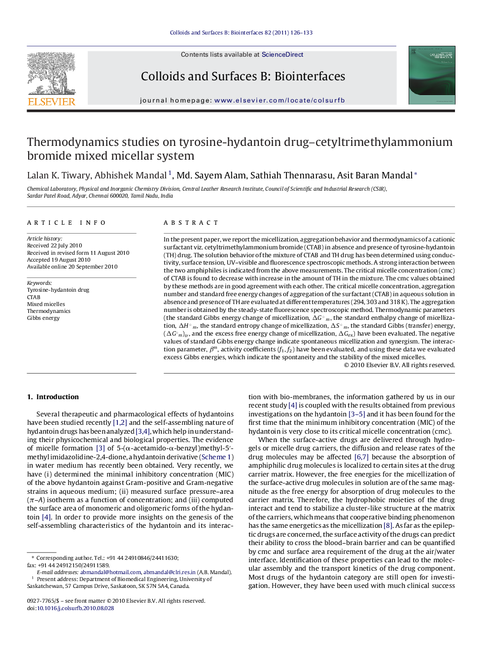 عکس صفحه اول مقاله: Thermodynamics studies on tyrosine-hydantoin drug–cetyltrimethylammonium bromide mixed micellar system Thermodynamics studies on tyrosine-hydantoin drug–cetyltrimethylammonium bromide mixed micellar system