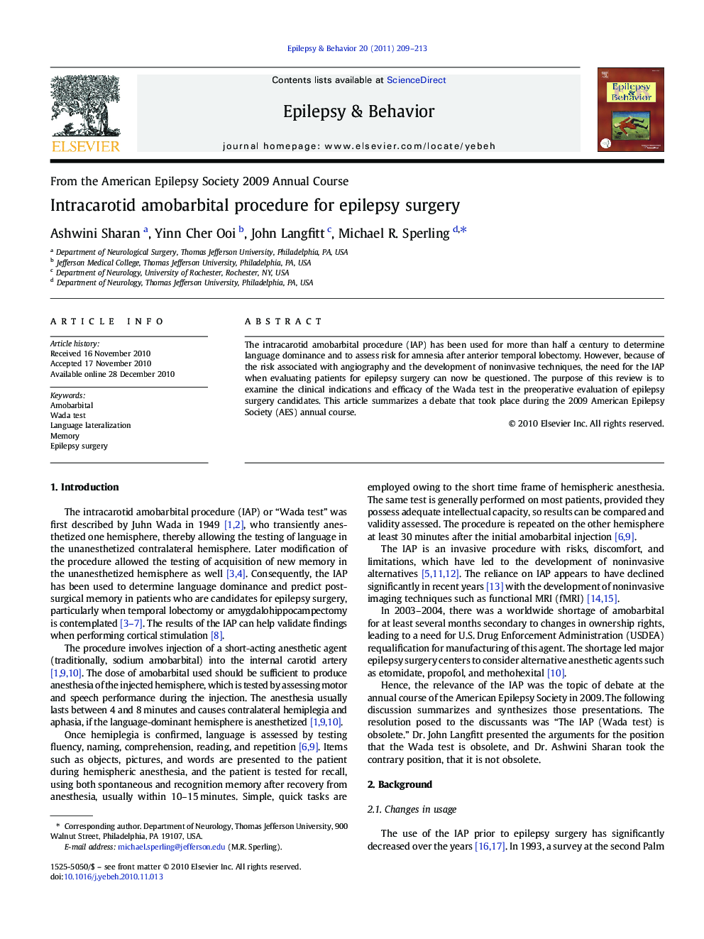 Intracarotid amobarbital procedure for epilepsy surgery