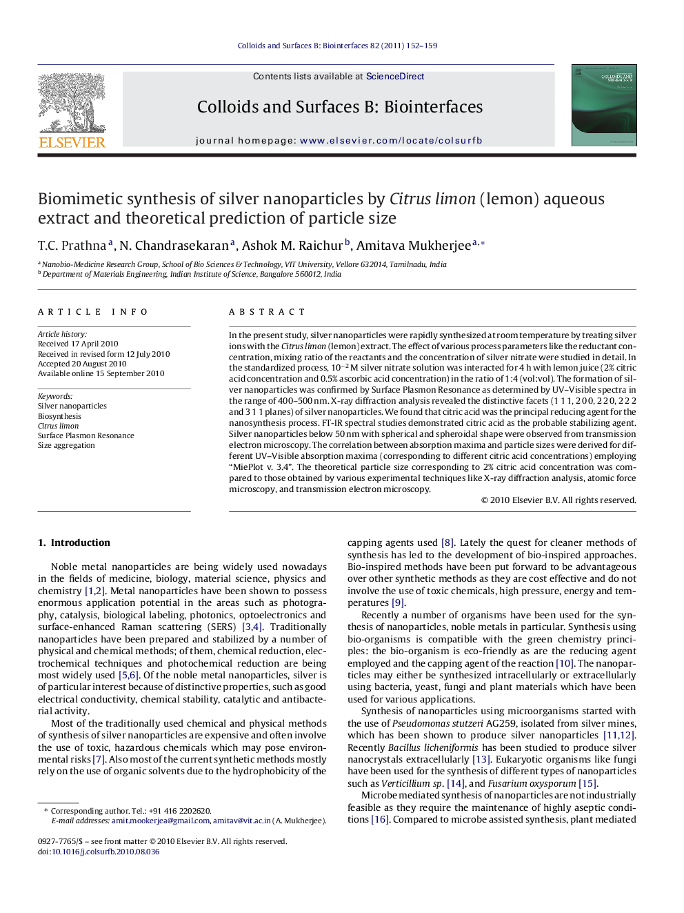 عکس صفحه اول مقاله: Biomimetic synthesis of silver nanoparticles by Citrus limon (lemon) aqueous extract and theoretical prediction of particle size Biomimetic synthesis of silver nanoparticles by Citrus limon (lemon) aqueous extract and theoretical prediction of particle size