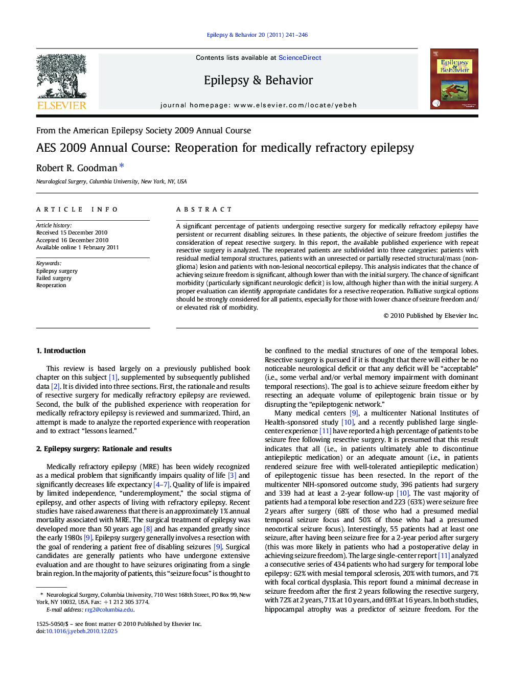 AES 2009 Annual Course: Reoperation for medically refractory epilepsy