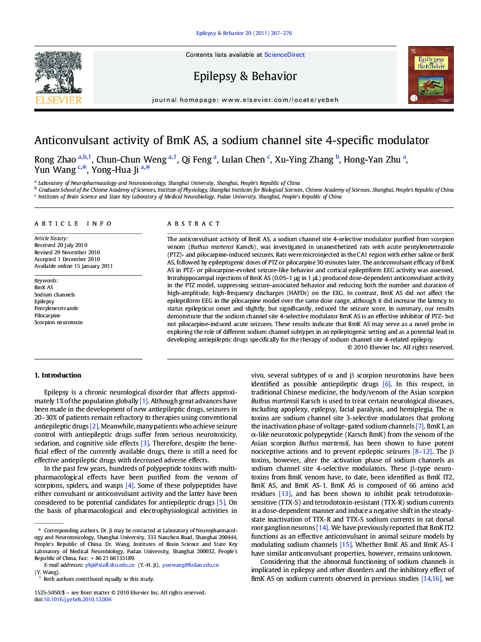 Anticonvulsant activity of BmK AS, a sodium channel site 4-specific modulator