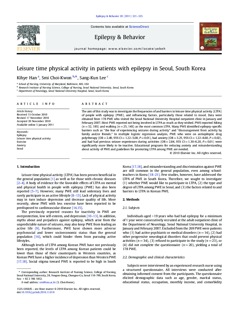 Leisure time physical activity in patients with epilepsy in Seoul, South Korea