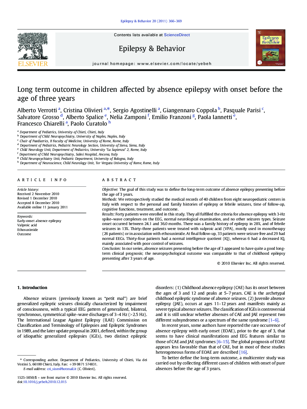 Long term outcome in children affected by absence epilepsy with onset before the age of three years