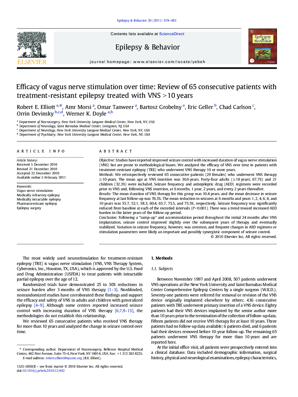 Efficacy of vagus nerve stimulation over time: Review of 65 consecutive patients with treatment-resistant epilepsy treated with VNS >Â 10Â years