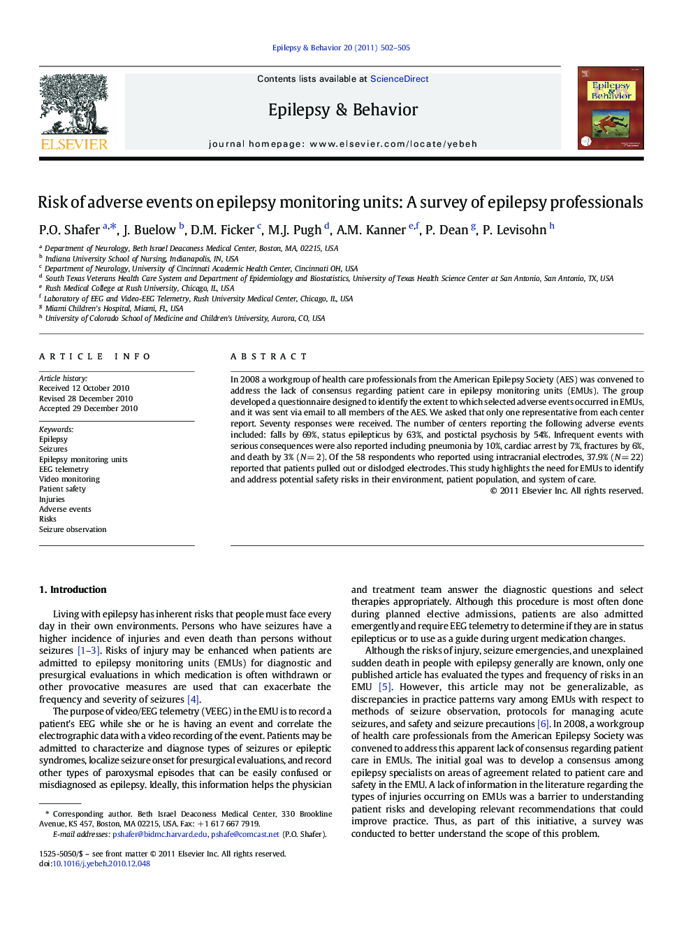 Risk of adverse events on epilepsy monitoring units: A survey of epilepsy professionals