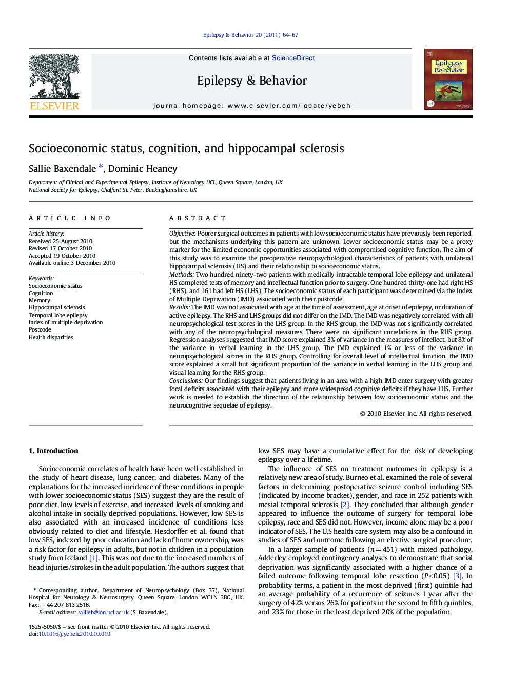 Socioeconomic status, cognition, and hippocampal sclerosis