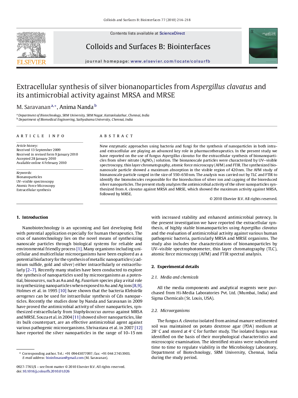 Extracellular synthesis of silver bionanoparticles from Aspergillus clavatus and its antimicrobial activity against MRSA and MRSE