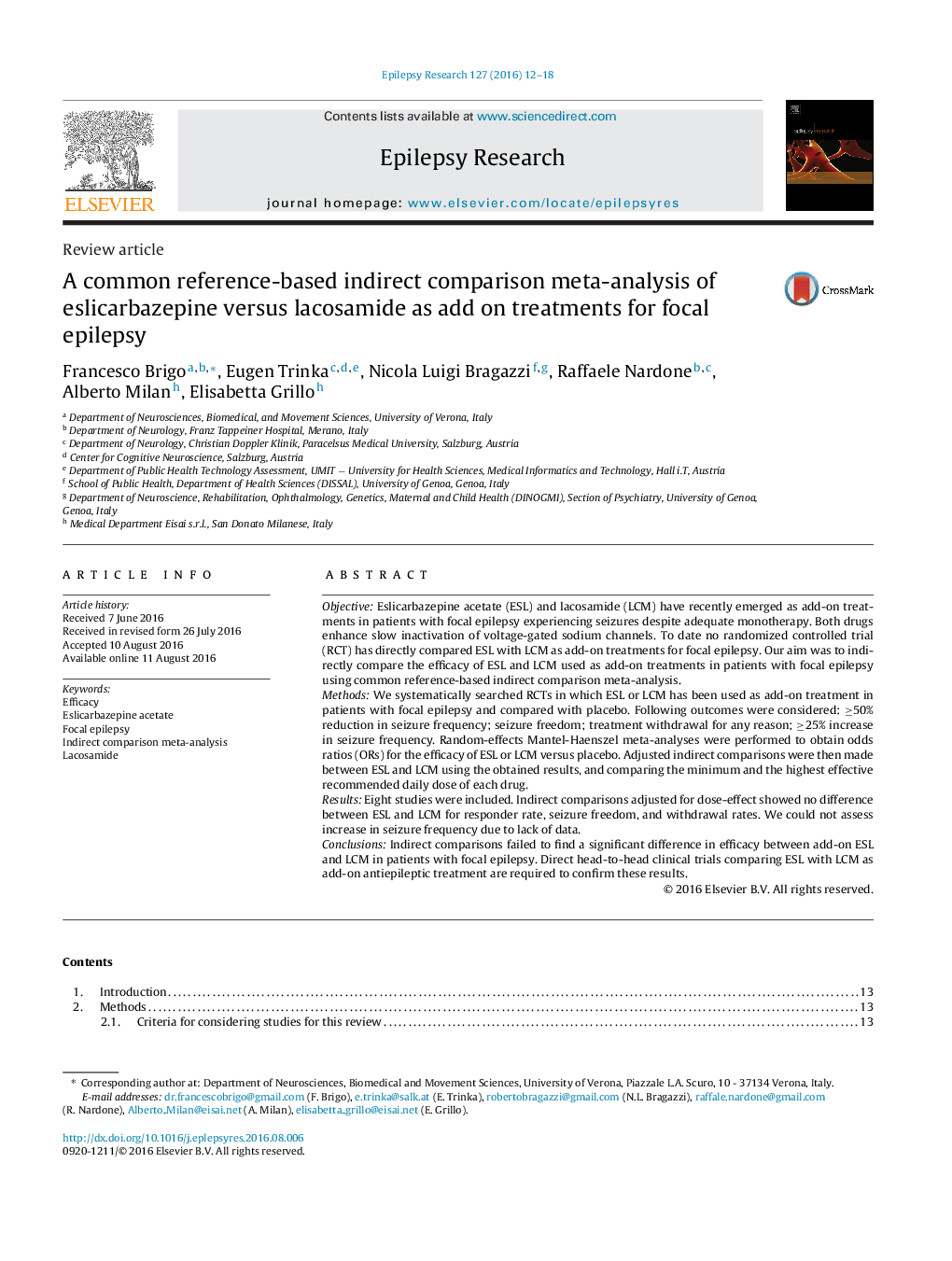 A common reference-based indirect comparison meta-analysis of eslicarbazepine versus lacosamide as add on treatments for focal epilepsy