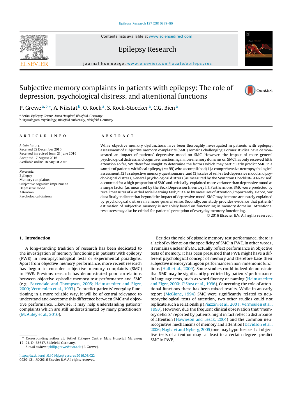 Subjective memory complaints in patients with epilepsy: The role of depression, psychological distress, and attentional functions