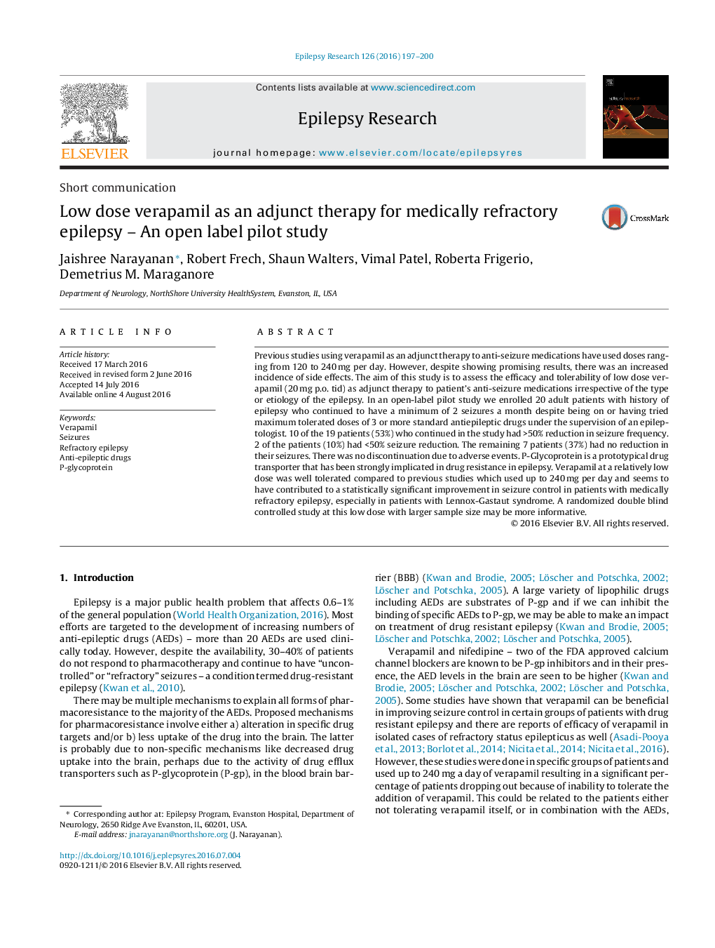 دوز وراپامیل پایین به عنوان یک درمان اضافی برای صرع مقاوم به درمان پزشکی - یک مطالعه آزمایشی باز 