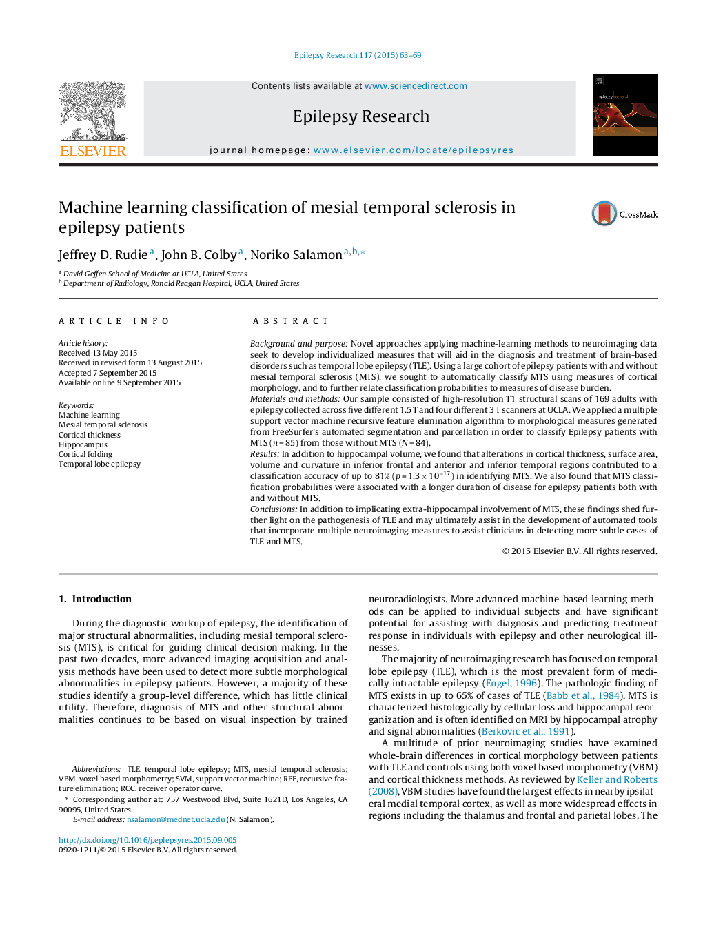 Machine learning classification of mesial temporal sclerosis in epilepsy patients