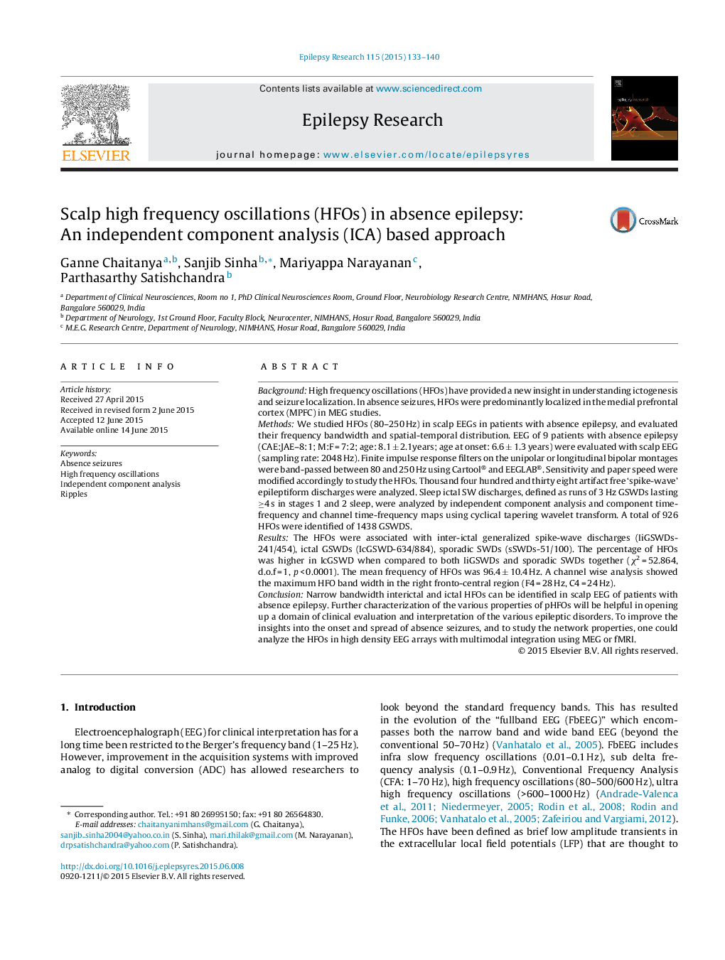 Scalp high frequency oscillations (HFOs) in absence epilepsy: An independent component analysis (ICA) based approach