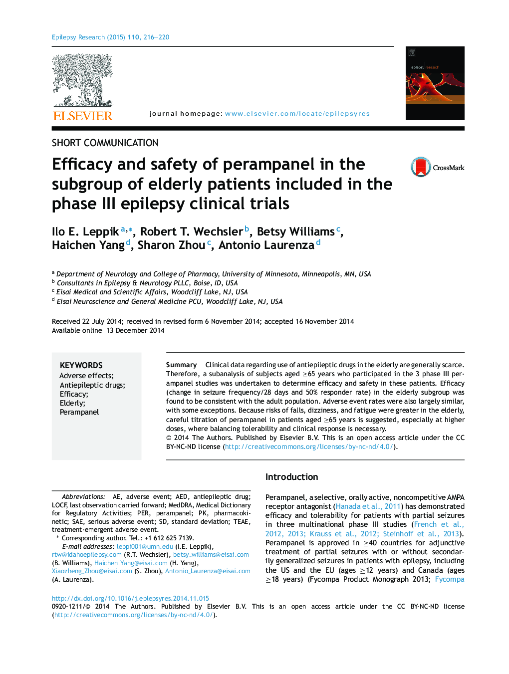 Efficacy and safety of perampanel in the subgroup of elderly patients included in the phase III epilepsy clinical trials