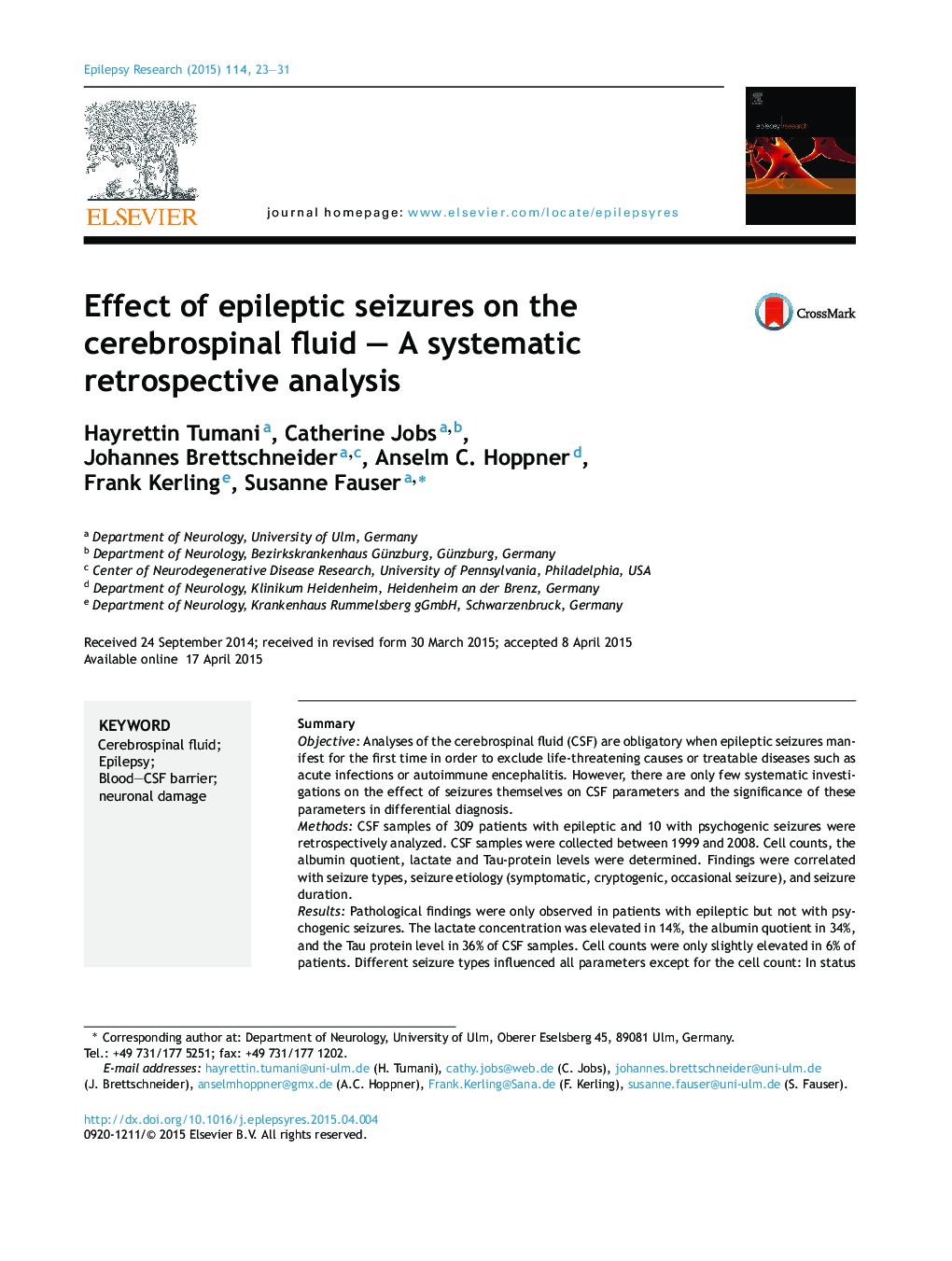 Effect of epileptic seizures on the cerebrospinal fluid - A systematic retrospective analysis